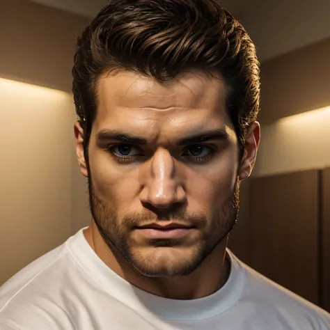 Qualidade de imagem ultra-alta, realistic and strong male characteristics, um homem inspirado em Henry Cavill como Wolverine, Um fisiculturista vestindo uma camiseta branca, Esperando ansiosamente, in a portrait style oil painting. The bodybuilder is depic...