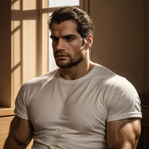 Qualidade de imagem ultra-alta, realistic and strong male characteristics, um homem inspirado em Henry Cavill como Wolverine, Um fisiculturista vestindo uma camiseta branca, Esperando ansiosamente, in a portrait style oil painting. The bodybuilder is depic...