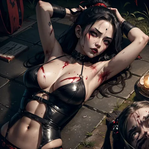 1 girl, sexy, beautiful samurai, katana, samurai, muscular abs, navel, fantasy, sensual, cropped corset goth top, beautiful asian goth girl, sexy, deep navel, heavy goth makeup, armpit, fighting, sweaty skin, blood, wounded, undead, red blood, horror, goth...