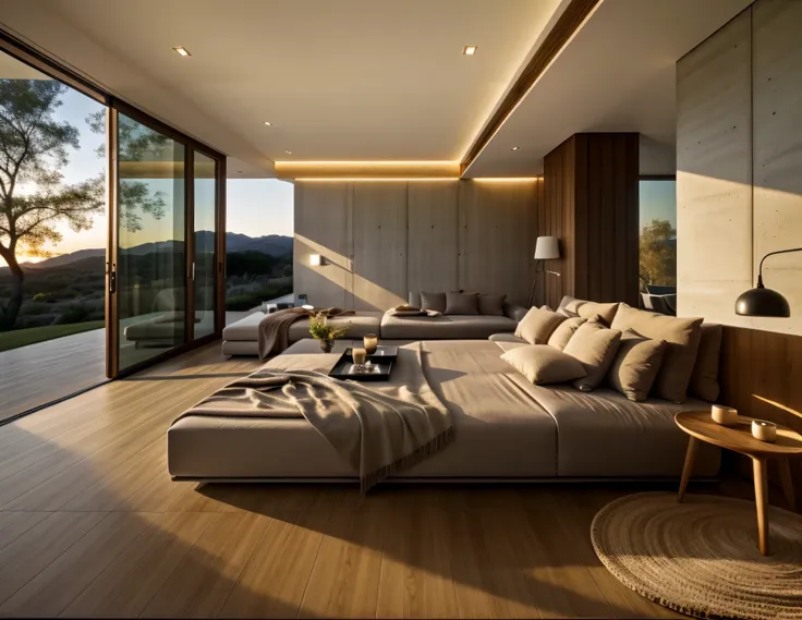 interior villa, twilight, wood floor, concrete wall, modern style, house on the hill 