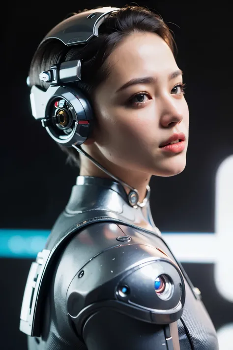 (cyborg:1.5), jumpsuit, (cyberpunk:1.4) ,(photorealistic:1.4), (best quality:1.0), (ultra highres:1.0), 8k, RAW photo, (masterpiece:0.2), ultra-detailed, 1girl, pale skin, detailed skin, looking at viewer, portrait, from side