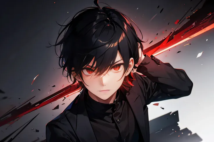 hight resolution,Anime boy with black hair and red eyes staring at camera, Glowing red eyes,slim, dressed in a black outfit,Shadow Body,Brown skin,monochromes,hair messy,Straight face,Diagonal angle