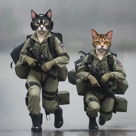 Cats dressed up as special forces propelling down from a helicopter in the rain to start their mission very serious tone. They are moving around like humanoids but look exactly like cats dressed up in their appearance 