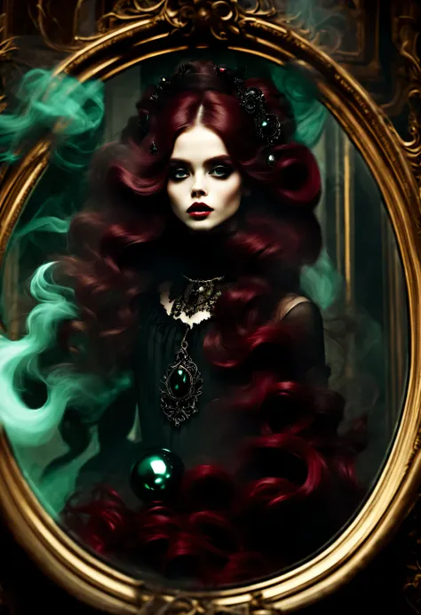 gothic dark art，Dream，（There is only one photo of a beautiful model with a baby face），Dark red extra long curly hair，floating smoke，dark green，rococo style，black pearl jewelry，partial reflection in mirror
