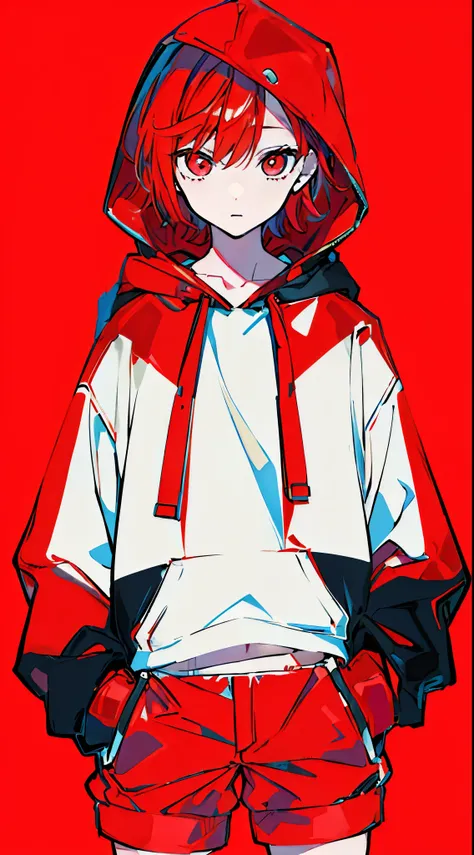 (masterpiece, highest quality:1.6), alone, thick outline, (simple background, bright red background, bright red theme:1.2), official art, Key Visual, 8K, disorganized, whole body, (unique hair, oversized hoodie, hot pants, wearing a hood, arch back, short ...