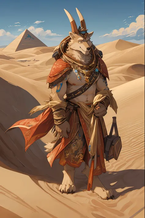 High-quality illustrations, masterpiece, absurdres, super high resolution, detailed background, desert, sand dunes, pyramid, Traditional costumes, Happy, joyful, Relux(Travel photos)perfect anatomy(kemono, furry anthro, National clothing)cinematic lighting...