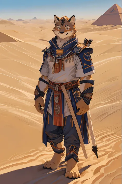 High-quality illustrations, masterpiece, absurdres, super high resolution, detailed background, desert, sand dunes, pyramid, Traditional costumes, Happy, joyful, Relux(Travel photos)perfect anatomy(kemono, furry anthro, National clothing)cinematic lighting...