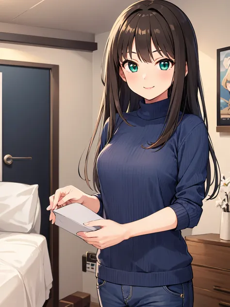 Rin Shibuya、1 girl, mature woman, green eyes、black long hair、casual clothes、blue sweater、long pants、smile gently、bow, highest quality, hire, detailed face, along the coast、 home bedroom、 detailed background, Depth of written boundary, Bokeh