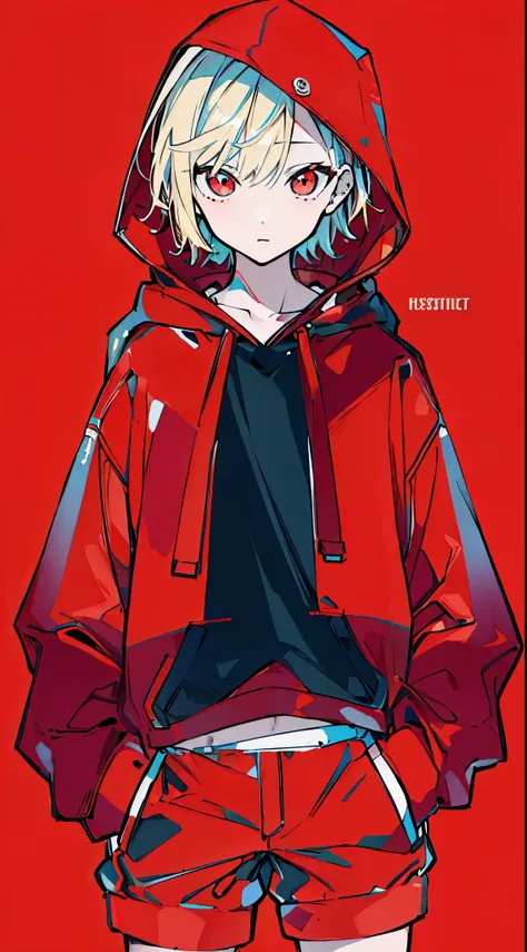 (masterpiece, highest quality:1.6), alone, thick outline, (simple background, bright red background, bright red theme:1.2), official art, Key Visual, 8K, disorganized, whole body, (unique hair, oversized hoodie, hot pants, wearing a hood, arch back, short ...