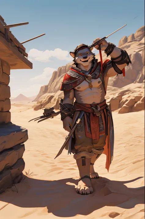 High-quality illustrations, masterpiece, absurdres, super high resolution, detailed background, desert, sand dunes, pyramid, Traditional costumes, Happy, joyful, Relux(Travel photos)perfect anatomy(kemono, furry anthro, National clothing)cinematic lighting...