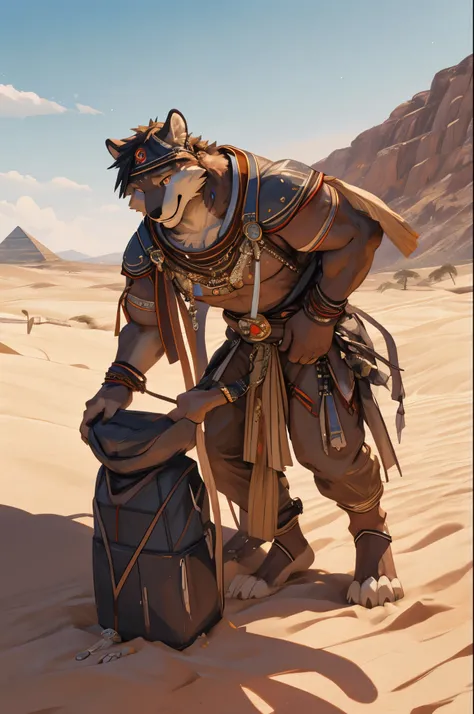 High-quality illustrations, masterpiece, absurdres, super high resolution, detailed background, desert, sand dunes, pyramid, Traditional costumes, Happy, joyful, Relux(Travel photos)perfect anatomy(kemono, furry anthro, National clothing)cinematic lighting...