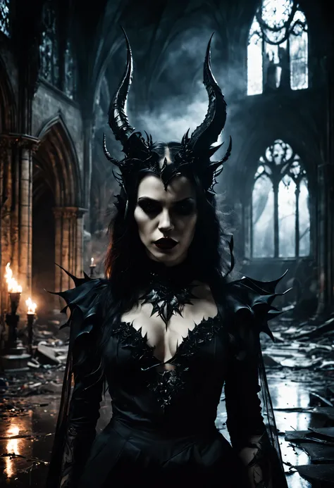 In the shadows of a gothic aesthetic, broken cathedral, Portrait of an Evil succubus, intimately lit moment, asymmetrical reflections mirror, the darkness contrasting with her intricately detailed, sinister outfits, dark volumetric lightning 