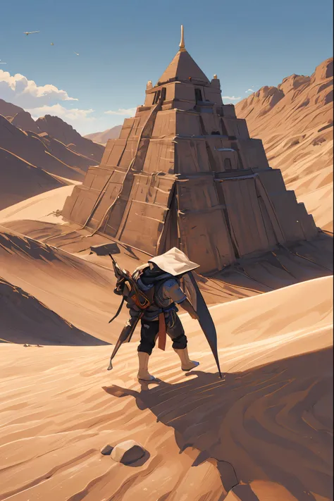 High-quality illustrations, masterpiece, absurdres, super high resolution, detailed background, desert, sand dunes, pyramid, Traditional costumes, Happy, joyful, Relux(Travel photos)perfect anatomy(kemono, furry anthro, National clothing)cinematic lighting...