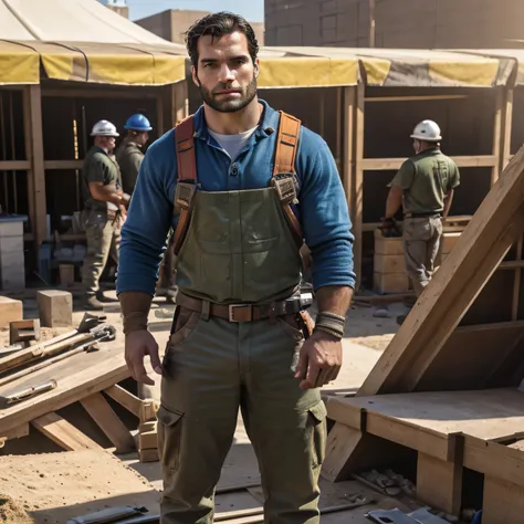 Qualidade de imagem ultra-alta, realistic and strong male characteristics, um homem inspirado em Henry Cavill como Wolverine, um homem bonito, Um grupo masculino trabalhador e massivo. Construction materials and equipment as the focus of the content, fundo...