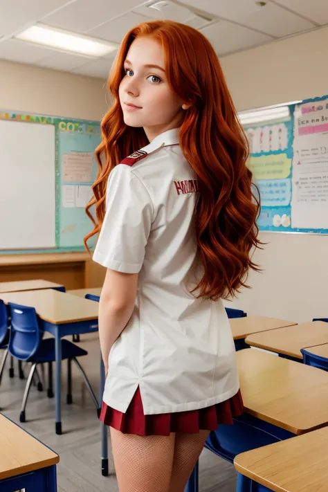 a beautiful 18 years old girl with long wavy reddish copper hair, wearing a student uniform, innocent pose in a classroom, sending a kiss