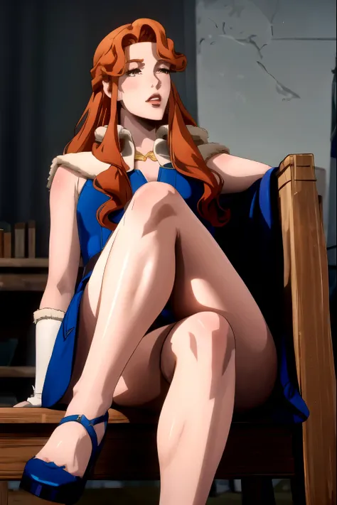 Lenore from castlevania, exposed legs, realistic legs, vampire, red hair, sexy legs, sitting, upskirt, 8k, beautiful, hd, crossed legs, heels, skirt