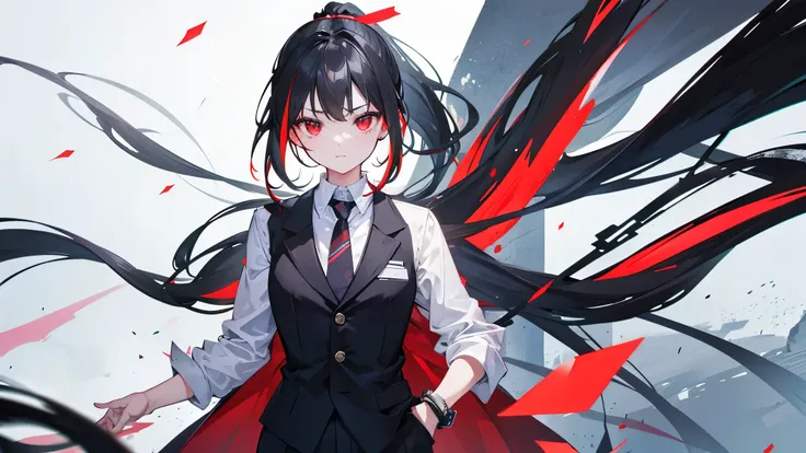 rating:safe, 1girl, solo, black_hair, long_hair, ponytail, looking_at_viewer, bangs, multicolored_hair, eyebrows_visible_through_hair, red eyes, suit, Tie, Shirt, Coat, Pants, Vest, Dress code, Womenswear, Modern suit, Business attire, Office wear,