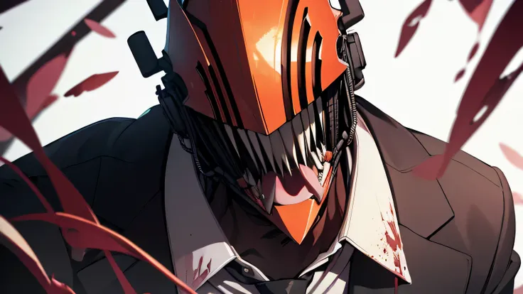 (masterpiece, best quality:1.2), solo, male focus, 1boy, chainsaw man, chainsaw, sharp teeth, open mouth, tongue, white collared shirt, (blood_on_clothes:1.2), black necktie, black pants