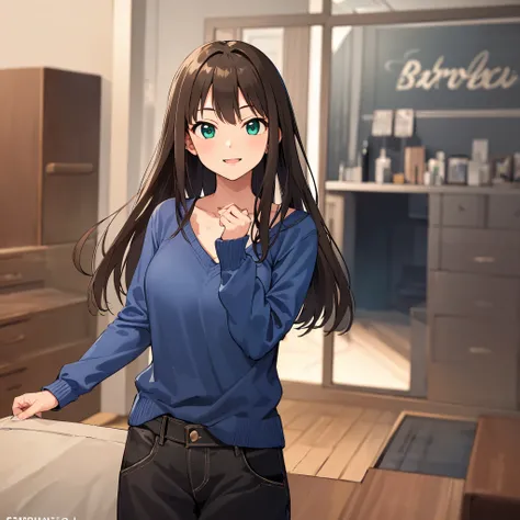 Rin Shibuya、1 girl, mature woman, green eyes、black long hair、casual clothes、blue sweater、long pants、smiling a lot、A big smile, highest quality, hire, detailed face, along the coast、 home bedroom、 detailed background, Depth of written boundary, Bokeh