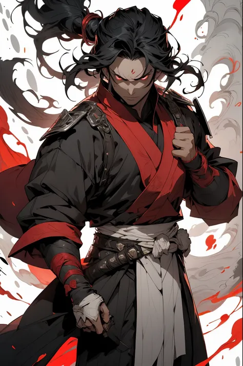 The guy with the black hair, white splash, Samurai Sword, long hair, ((dynamic pose)), there&#39;s blood all around, ready to attack, uses abilities, full length, red color correction