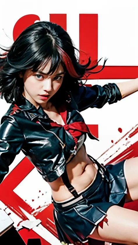 anime girl with black hair and blue eyes in a black outfit, attractive matoi ryuko, ryuko matoi, kantai collection style, kill la kill illustration, kill la kill, kantai collection arcade, style of red line anime movie, female action anime girl, akane owar...