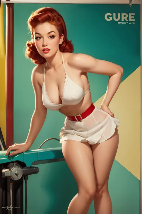 20 years old Girl stanging next to a gas pump at a 1940s gas station, No Bra, No Panties, medium breast, shining skin, dramatic lighting, pin up style, sexy, surprised, , colorful , masterpieces, illustrated, shining skin, detailed face, Medium breast. tig...