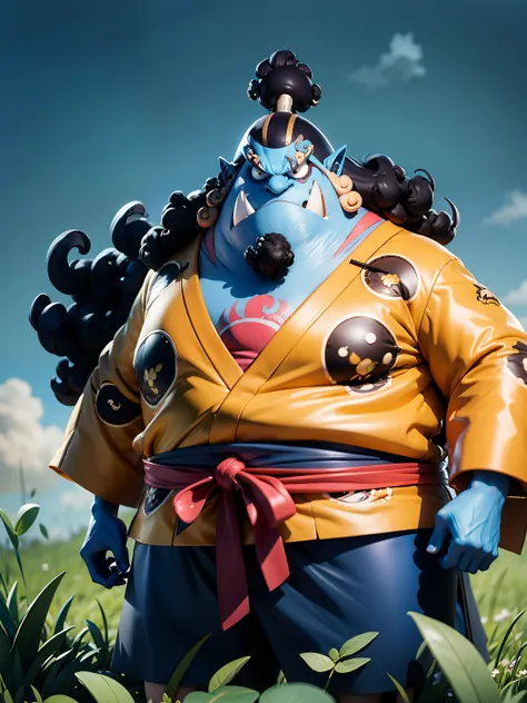 masterpiece, best quality, ultra-detailed, jinbei, jinbei oyabun 1boy, solo, Full body, smile, blue skin, wearing suits, detailed face, day, full body, looking at viewer, male focus, open fields, grass, perfect hands, perfect face, background japanese trad...