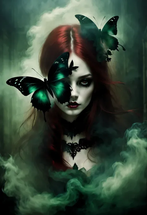 gothic dark art，Dream，Black butterfly and beautiful rag doll，dark red hair，Smoke is floating on the face，dark green，partial reflection
