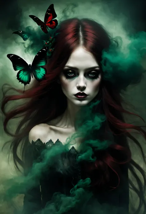 gothic dark art，Dream，Black butterfly and beautiful rag doll，dark red hair，Smoke is floating on the face，dark green，partial reflection
