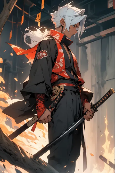 A young man, with a fire katana, full length