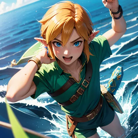 (ultra detailed,ultra high res,detailed background),((2D)),((flat color)),((colorful)),((floating colorful water)),1boy,solo,looking at viewer,BREAK, Link, the legend of zelda ocarina of time