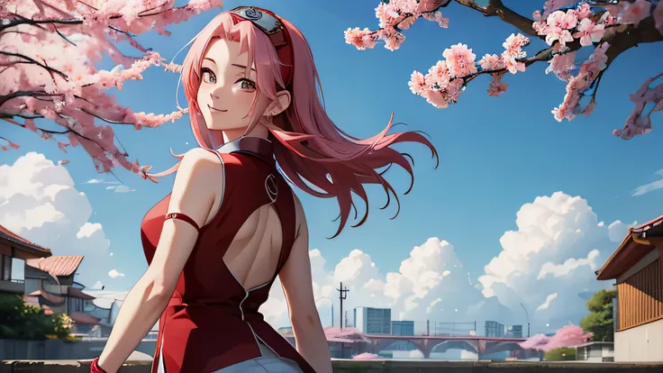 masterpiece, absurdres ,1girl, haruno sakura,forehead mark, red hairband, red sleeveless dress,bracelet, from behind, white pants, (uchiha crest), looking at viewer, outdoor, cherry blossoms, floating hair, smile, cowboy shot,