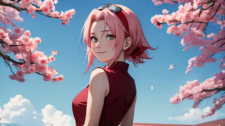 masterpiece, absurdres ,1girl, haruno sakura,forehead mark, red hairband, red sleeveless dress,bracelet, from behind, white pants, (uchiha crest), looking at viewer, outdoor, cherry blossoms, floating hair, smile, cowboy shot,