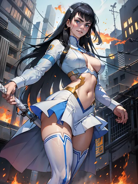 Satsuki Kiryuin, very large breasts, tight leather stockings, White stockings, White shoes, jinkesu clothes, white suit, Straight posture, Long katana in hand, Evil smile, very detailed, super quality, 8k ultra resolution, holds a katana with both hands, S...