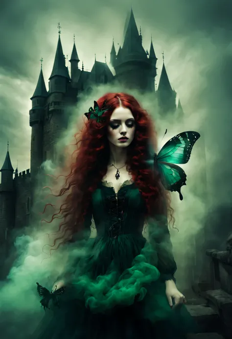 gothic dark art，Dream，amazing rag doll，ethereal，Long curly crimson hair，castle，dark green，double contact，Butterfly，smokes，
