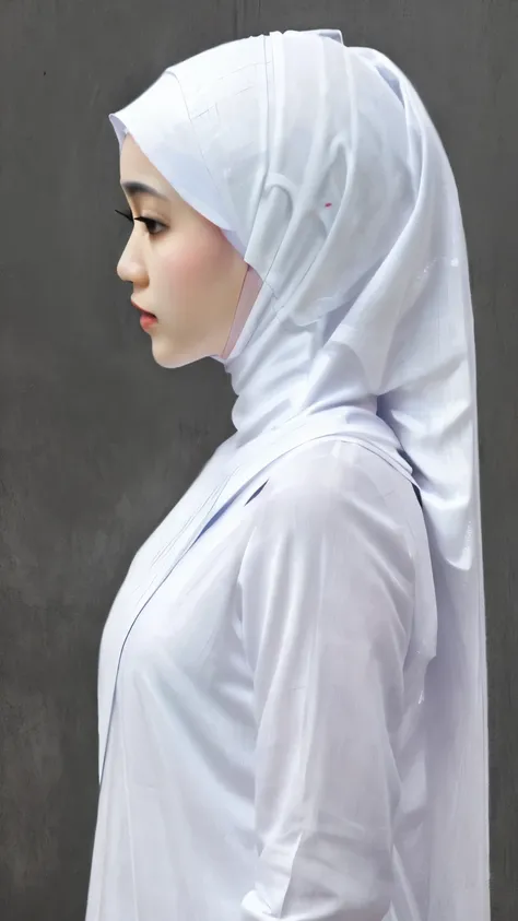 1girl, hijab malay girl, long white hijab, wide hijab, realistic, profile, lips, closed mouth, white shirt,