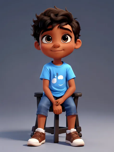 create an image with a 3d pixar cartoon style png background of a little brown-skinned boy with black hair and eyes, wearing denim shorts and a blue t-shirt, wearing sneakers and is sitting