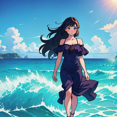 (extremely detailed CG unity 8k wallpaper,masterpiece), realistic hand details, vestido longo, splash art style, high wind, dreamy romance, standing on a beach,vibrant ocean waves[contains: "sense of", "S2"], breathtaking view, fantasy-like