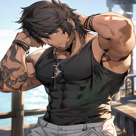 Close-up of a person with a tattoo on his arm, anime handsome guy, Handsome anime pose, male anime characters, 蓝眼睛的高个子anime characters, Smooth anime CG art, Male anime style, detailed anime characters art, muscular!!, anime characters, muscular character, ...