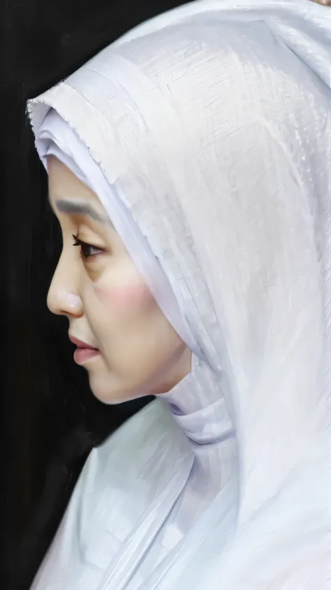 1woman, hijab malay woman, 60 years old,  long white hijab, wide hijab, realistic, profile, lips, closed mouth, crying, white shirt,