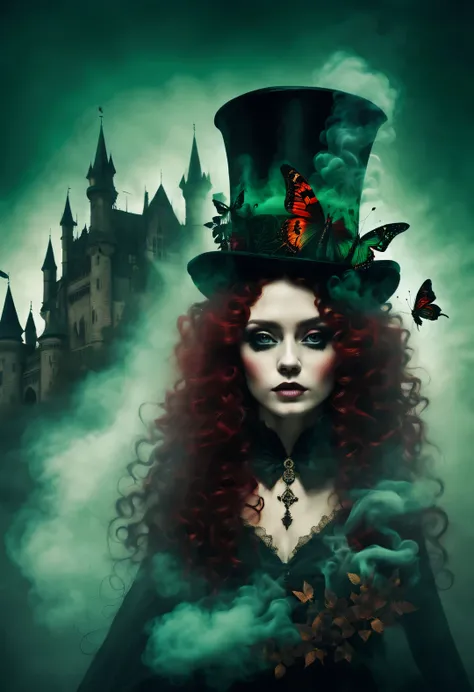 gothic dark art，double contact，Dream，amazing rag doll，ethereal，Long curly crimson hair，castle，dark green，top hat，gear，Butterfly，smokes，