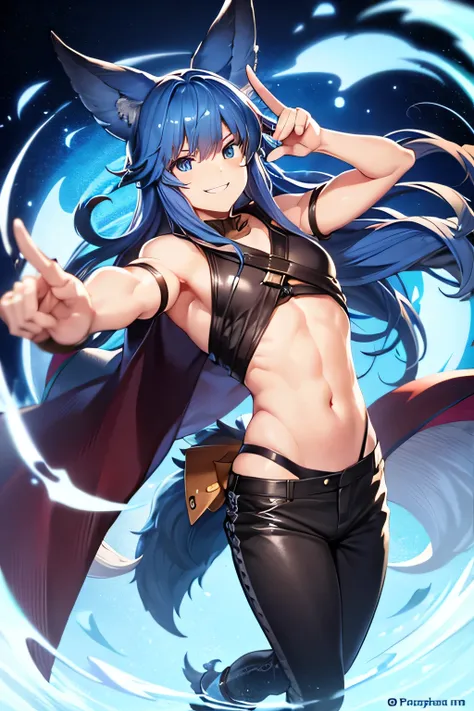 Orelhas de raposa Fenneko, cabelo azul ciano, grande cauda azul, playful smile, olhos azuis, cara, action stance, wearing a leather jumpsuit and medieval pants
