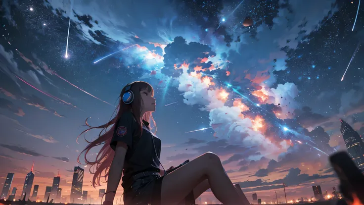 octane rating, null, star (null), scenery, starry null, night, 1 girl, night null, alone, outdoors, building, cloud, milky way, sitting, wood, long hair, city, silhouette, cityscape,wear headphones