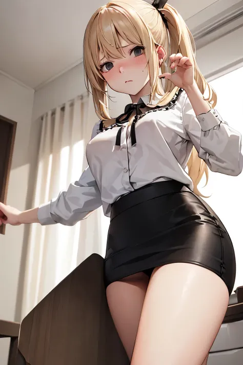 muste piece, best quality, 1 girl,blonde, (black eye:1.2),((Bedroom))、((stockings))、((embarrassed expression))、((Mi Hai Sand))、((Photo from below))、(((blouse)))、((long hair))、((C cup breastpread legs))、(ponytail)、((pencil skirt))