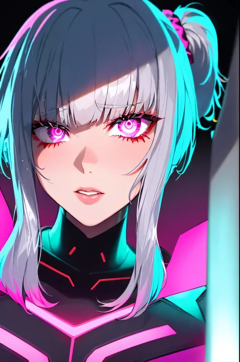 Lucy (cyber punk), 1 girl,  hair scrunchie, princess cut, silver hair, colored tips, full moon, gray eyes, Jacket, long sleeve, looking at the viewer, medium hair, colorful hair, parted bangs, parted lips, pink hair, portrait, red eyeliner, red lips, alone...