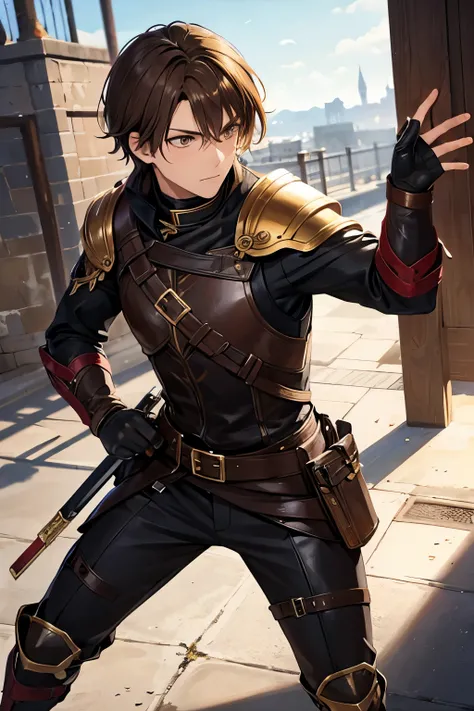 young assassin man with messy golden hair and dark brown eyes in leather armor