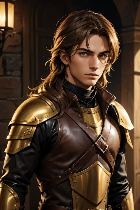 young assassin man with messy golden hair and dark brown eyes in leather armor