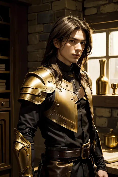 young assassin man with messy golden hair and dark brown eyes in leather armor