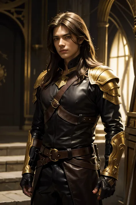 young assassin man with messy golden hair and dark brown eyes in leather armor