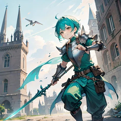 Front view, dynamic angle, 1 boy, young boy, kid spearman, kid lancer, short hair, spiky hair, spiky hair, turquoise hair, turquoise hair, brown eyes, cute, confident, cocky, smile, green outfit, a few armor pieces, 1 shoulder plate, shoulder plate and gau...